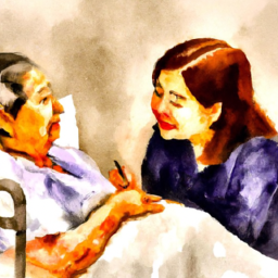 Water colour painting of a daughter taking care of her mother with dementia in a hospital