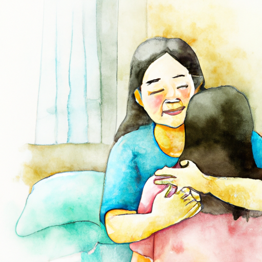 Water colour painting of a daughter taking care of her mother with dementia in a hospital