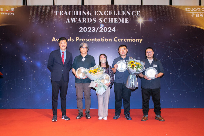 Teaching Excellence Winner of Team category: Prof Man Chi-wah, Prof Ken Tso Hung-kit, Mr Tobby Kan Shiu-tao and Ms Emily Chan Yuen-ting,   Department of Digital Arts and Creative Industries