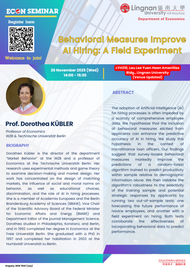 Seminar on "Behavioral Measures Improve AI Hiring: A Field Experiment" by Prof. Dorothea KÜBLER (WZB & Technische Universität Berlin) on 26 November 2025 (Wednesday)