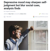 Depressive mood may sharpen self-judgment but blur social cues, analysis finds - Medical Xpress 〔只有英文）