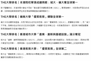 THE大學排名2026︱最新世界大學影響力排名出爐本港5院校躋身百強　科大居榜首嶺大排名大躍進 - 經濟日報
