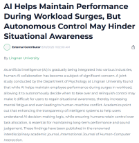 AI Helps Maintain Performance During Workload Surges, But Autonomous Control May Hinder Situational Awareness - Digital Information World （只有英文）