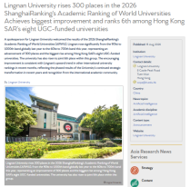 Lingnan University rises 300 places in the 2026 ShanghaiRanking's Academic Ranking of World Universities Achieves biggest improvement and ranks 6th among Hong Kong SAR’s eight UGC-funded universities - Asia Research News （只有英文）