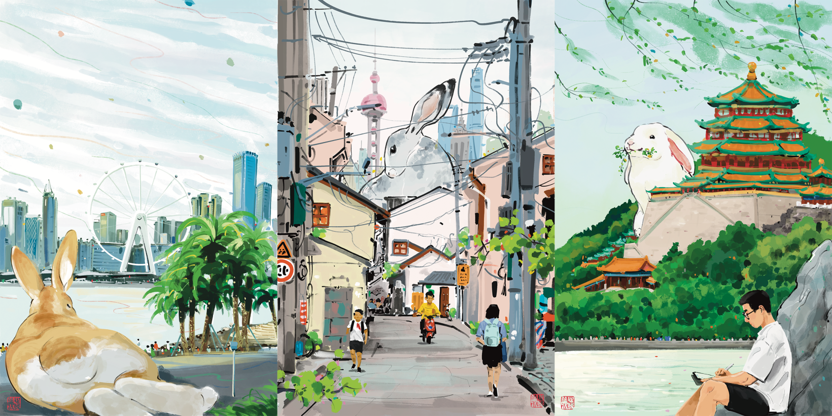 Playful and whimsical, Shiwei’s original illustrations transform little rabbits into prehistoric Jurassic World behemoths that wander across modern cities and landmarks at peace with nature and human beings. (From the 2023 Year of the Rabbit Calendar)