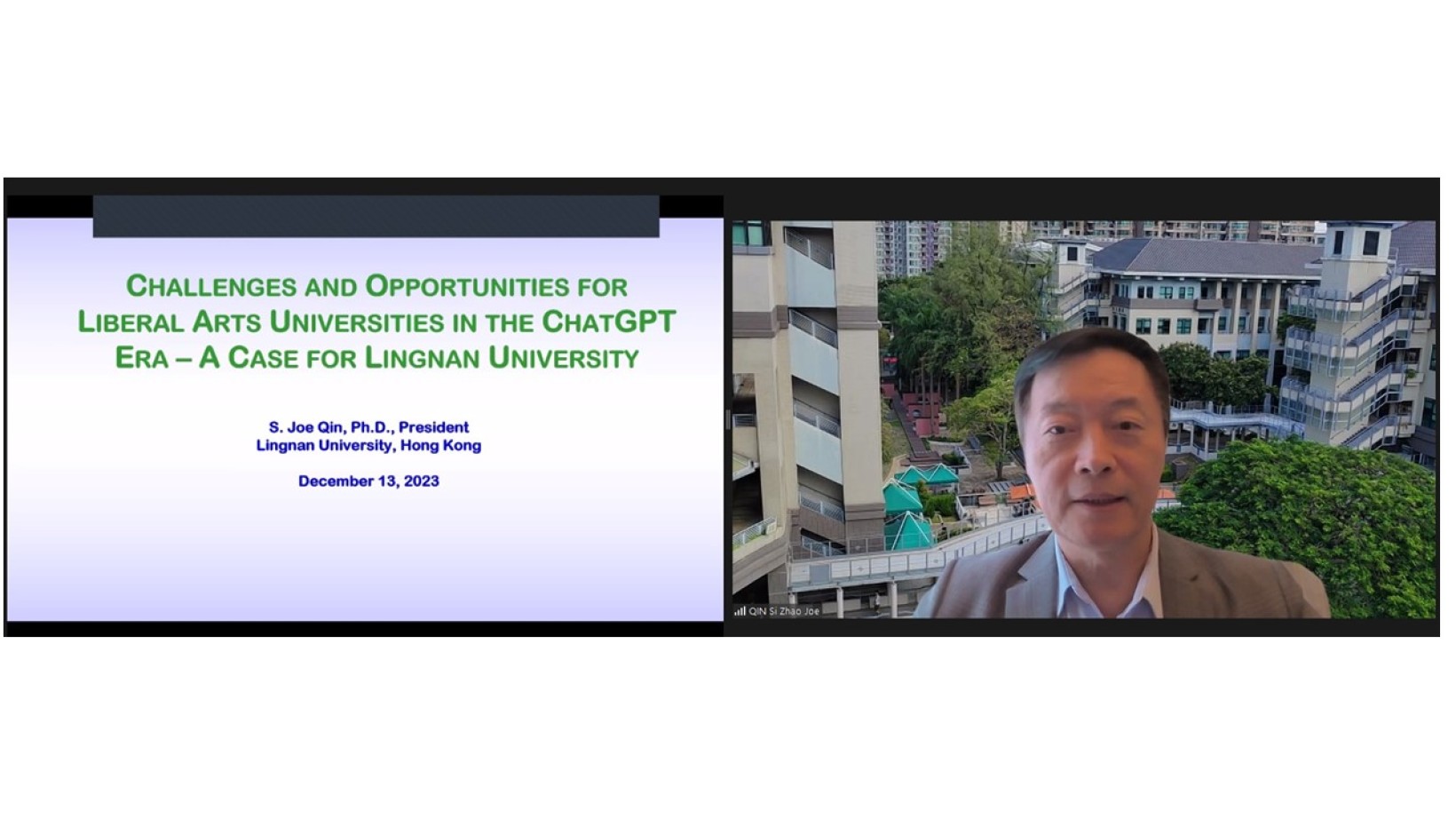 Prof S. Joe Qin, President of Lingnan University and Wai Kee Kau Chair Professor of Data Science, delivers his keynote speech at the China and Higher Education Conference 2023, titled ‘Challenges and Opportunities for Liberal Arts Universities in the ChatGPT Era – A Case for Lingnan University’.