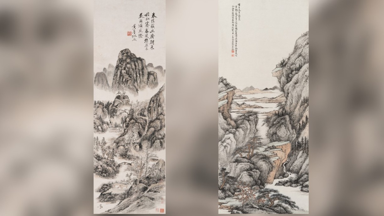 Image 1.  Left: Secluded Studios in Spring Huang Binhong (1865-1955) Not dated Hanging scroll, ink and colour on paper H 121.3 cm W 40.3 cm Chamber of Young Snow Collection; Right: Landscape After Wang Meng Li Yanshan (1898-1961) 1942 Hanging scroll, ink and colour on paper H 135.3 cm W 48.3 cm Chamber of Young Snow Collection