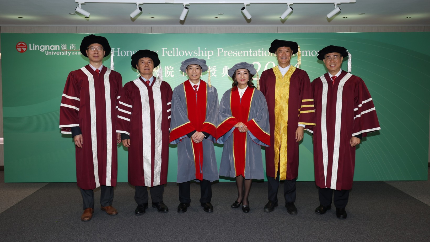 Lingnan University confers two honorary fellowships today. From left: Prof Xin Yao, Vice-President (Research and Innovation) and Tong Tin Sun Chair Professor of Machine Learning of Lingnan University; Prof S. Joe Qin, President and Wai Kee Kau Chair Professor of Data Science; Honorary fellows Mr Augustine Lui Ngok-che, Ms Chiang Lai-ping, Agnes; Mr Andrew Yao Cho-fai, Council Chairman; Prof Raymond Chan Hon-fu, Vice-President (Academics) cum Provost and Lam Man Tsan Chair Professor of Scientific Computing.