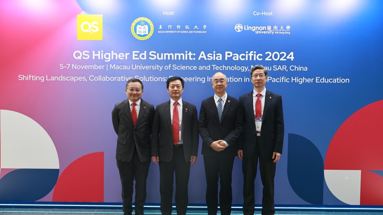 Lingnan University co-hosts the QS Higher Education Summit Asia Pacific 2024 in Macau from 5 to 7 November 2024. (From left: Mr Ernest Chan Chi-man, Vice-President (Administration) at Lingnan University; Prof S. Joe Qin, President and Wai Kee Kau Chair Professor of Data Science; Prof Raymond Chan Hon-fu, Vice-President (Academics) cum Provost and Lam Man Tsan Chair Professor of Scientific Computing; Prof Xin Yao, Vice-President (Research and Innovation) and Tong Tin Sun Chair Professor of Machine Learning)