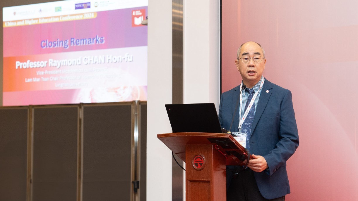 Prof Raymond Chan Hong-fu, Vice-President (Academics) cum Provost at Lingnan University, delivers the closing remarks, emphasising the importance of continued collaboration and the exploration of potential partnerships beyond Chinese higher education.