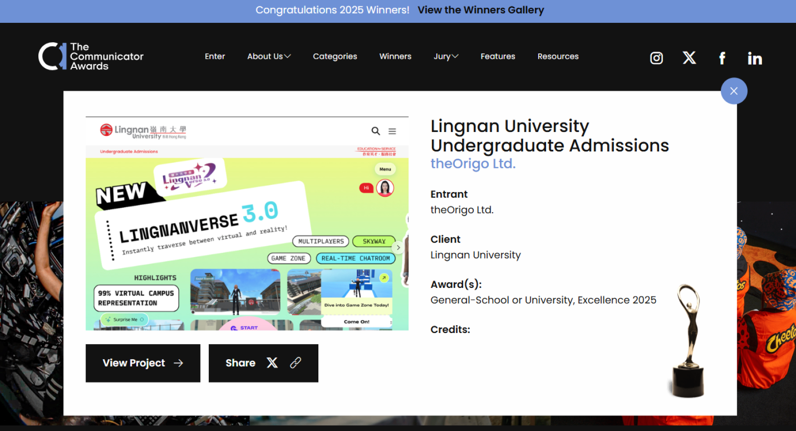 Lingnan University's new Undergraduate Admissions website wins the highest honour, the Gold Award of Excellence, at the 31st Annual Communicator Awards 2025.
