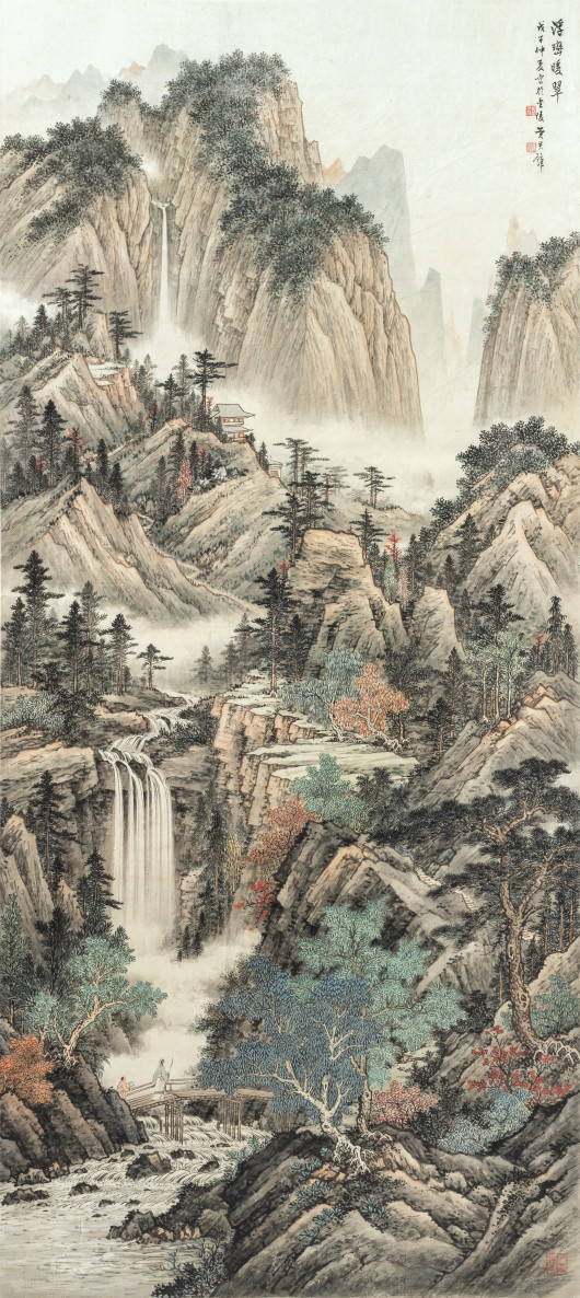 浮峦暖翠:黄君璧(1898—1991)、1948。 水墨设色纸本立轴、高173厘米、宽77.9厘米、少雪斋藏品。