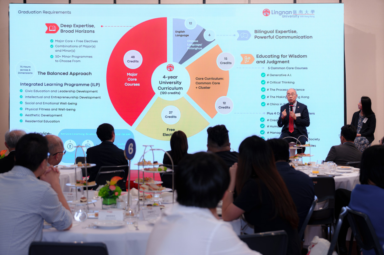 Prof Raymond Chan Hon-fu, Vice-President (Academics) cum Provost and Lam Man Tsan Chair Professor of Scientific Computing, and Ms Margaret Cheung, Registrar, present Lingnan’s academic programmes and admissions arrangements.