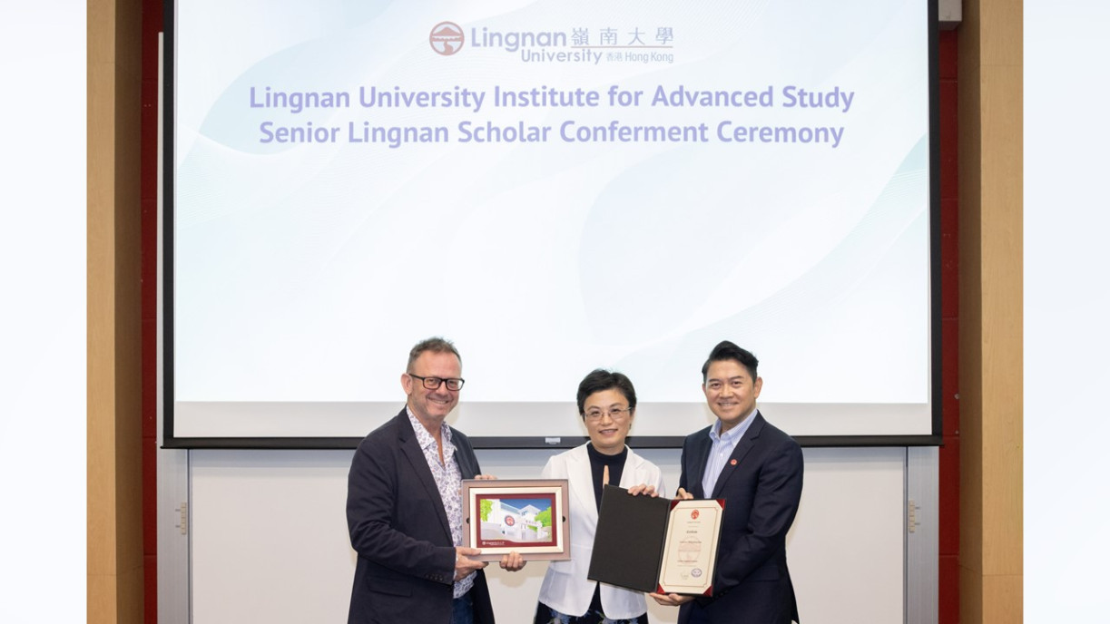 Prof Meng Bingchun is formally appointed a Senior Lingnan Scholar at LUIAS. From left: Prof Richard M. Walker, Director of LUIAS and Lee Shau Kee Foundation Chair Professor of Public Administration at Lingnan University; Prof Meng Bingchun, Senior Lingnan Scholar at the Lingnan University Institute for Advanced Study; and Prof John N. Erni, Dean of the Faculty of Arts and Chair Professor of Cultural Research at Lingnan University.