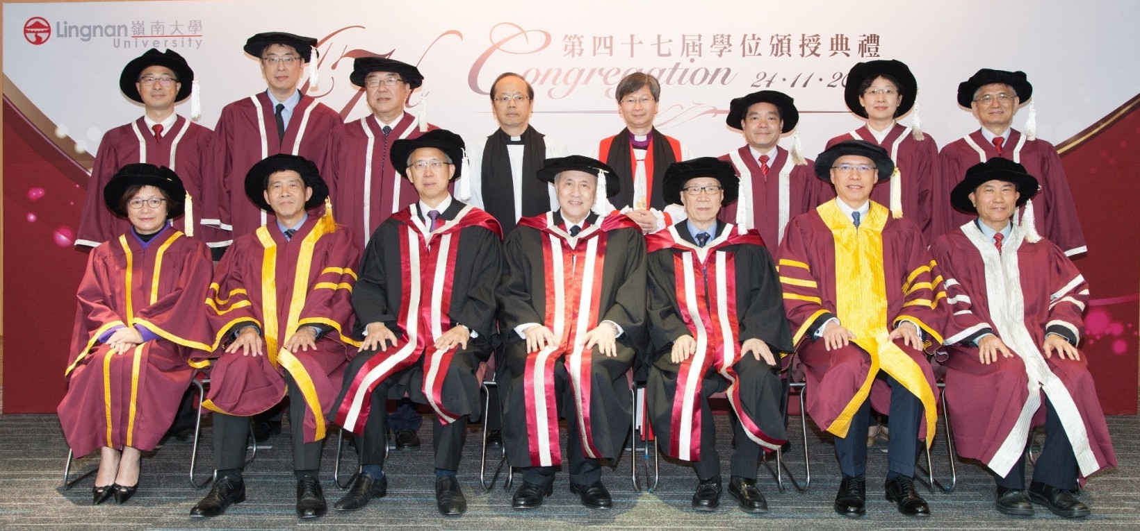 Honorary Doctorates Mr Warren Chan (3rd left, front row), Dr Anthony Francis Neoh (middle, front row) and Prof Yang Fujia (3rd right, front row) with representatives of Lingnan University including Mr Rex Auyeung Pak-kuen, Chairman of the University Counc