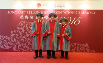 (From left) Honorary Fellows Mr Thomas Jefferson Wu, Mr Woo Kai-sau and Mr Raman Hui Shing-ngai.