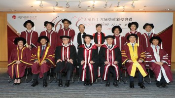 Honorary Doctorares The Hon Bernard Charnwut Chan (middle, front row), Prof Roy Chung Chi-ping (3rd right, front row) and Prof James J Heckman (3rd left, front row)  with representatives of Lingnan University including Mr Rex Auyeung Pak-kuen, Chairman of the University Council (2nd right, front row), Mr Simon Ip Shing-hing, Deputy Chairman of the University Council (2nd left, front row), Mrs Loretta Suen Leung Lai-shuen, Treasurer of the University Council (1st left, front row) and President Leonard K Cheng (1st right, front row).