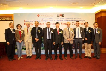 Persident Leonard K Cheng (5th from right),  Prof Ferran Sancho Pifarré (4th from right), Consul General Santiago Martinez-caro (5th from left), Prof Lin Ping (1st from left) and other guests at the ceremony.