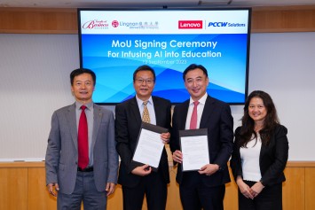 (From left to right) Professor S. Joe Qin, President of Lingnan University; Professor Mingming Leng, Dean of Faculty of Business of Lingnan University; Mr. Jerry Li, Chief Executive Officer of Lenovo PCCW Solutions; Christine Yau, Chief Technology Officer of Lenovo PCCW Solutions, at the MoU signing ceremony.