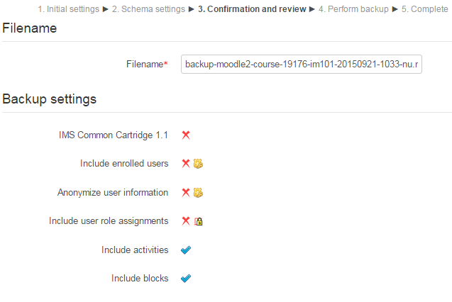 Screenshot of Moodle backup confirmation and review page
