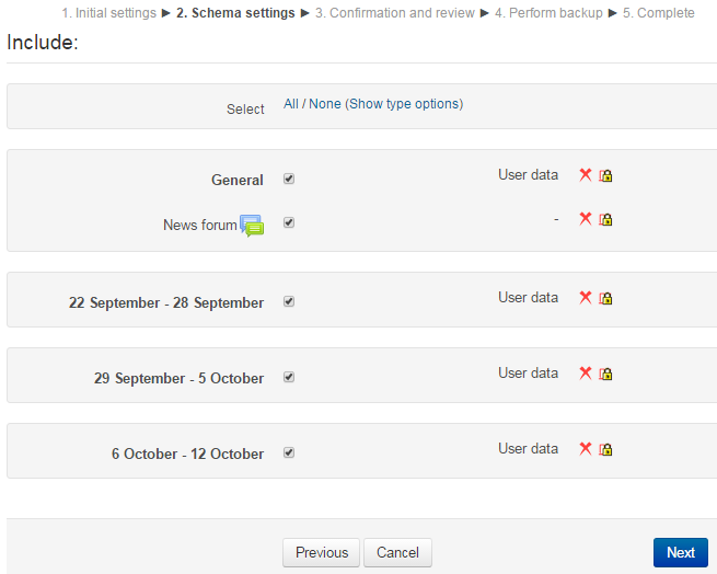 Screenshot of backup schema settings page
