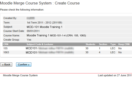 Screenshot of merge course confirmation page