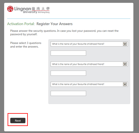 Register self-defined security questions