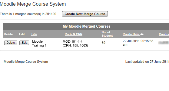 Screenshot of merge course system showing the course created