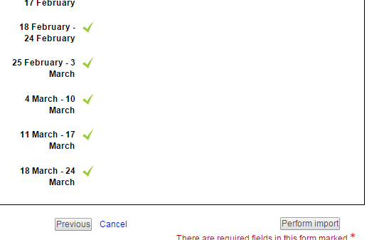 Screenshot of confirmation page of the import function