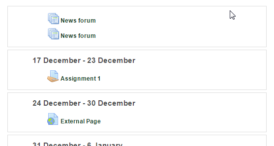 Screenshot of moodle course with material imported