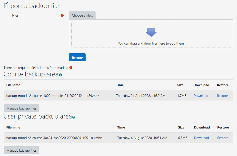Screenshot of Moodle course User private backup area