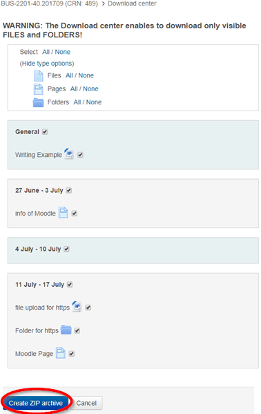 Screenshot of Moodle backup step 1
