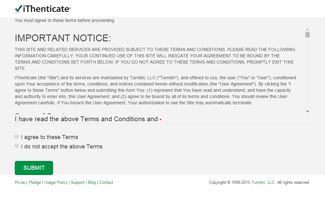 Screenshot of iThenticate agreement acceptance