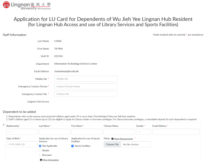 Screenshot of application form