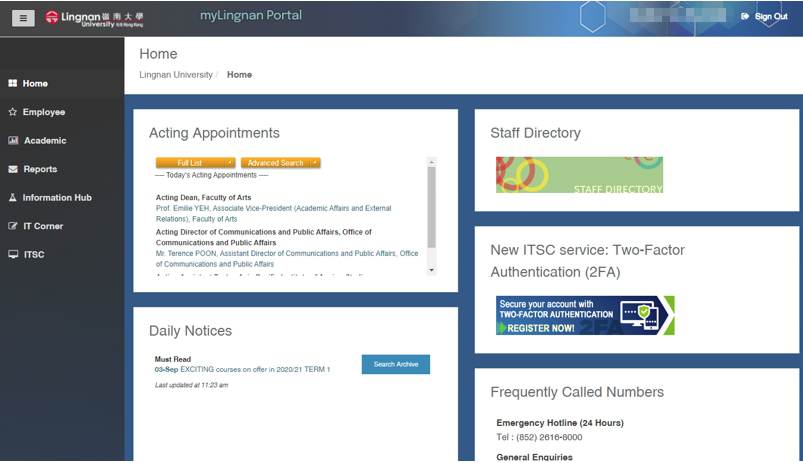 MyLingnan Portal - Desktop view