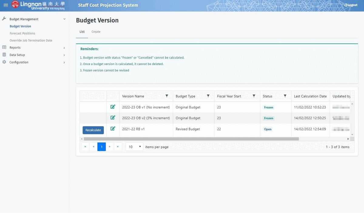 Staff Cost Projection System