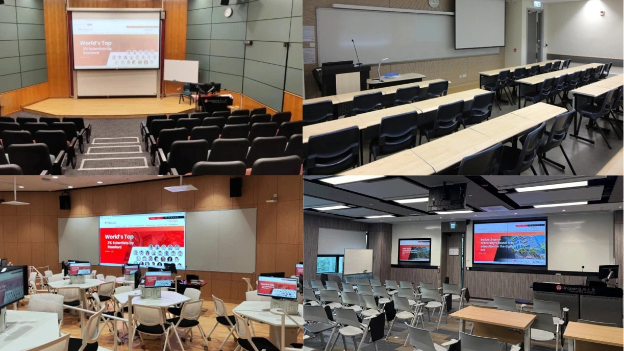 Four modern classrooms at Lingnan equipped with computers and monitors for student‑focused learning