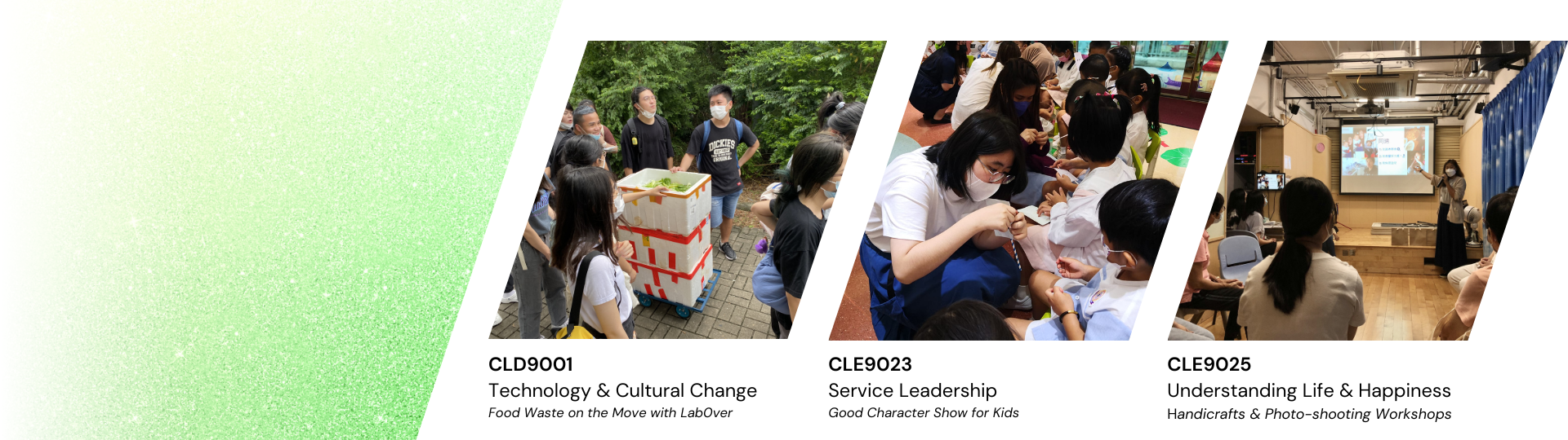 A section banner consists of photos of Service-Learning projects in course CLD9001, CLE9023 and CLE9025