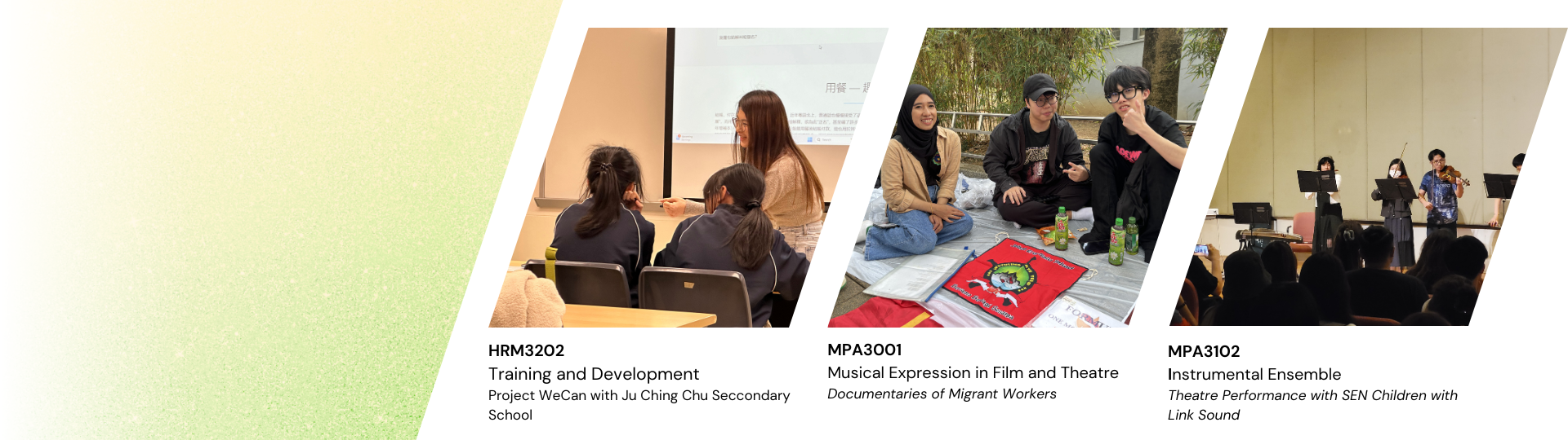 A section banner consists of photos of Service-Learning projects in course HRM3202, MPA3001 and MPA3102