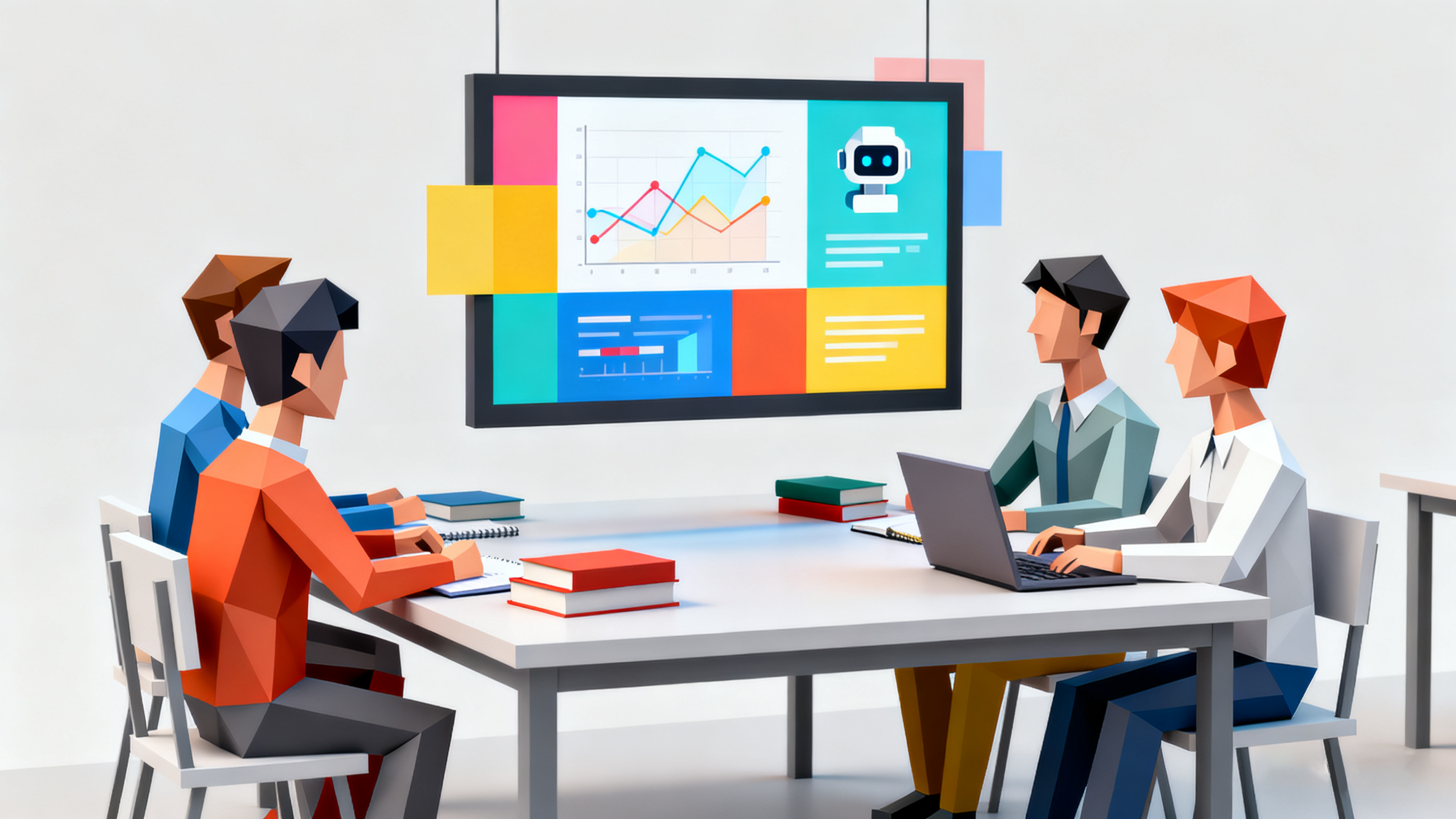 3D illustration of a business team reviewing an AI dashboard during a meeting.