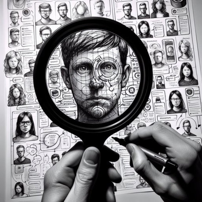 Conceptual illustration of user persona research and facial recognition analysis using a magnifying glass.
