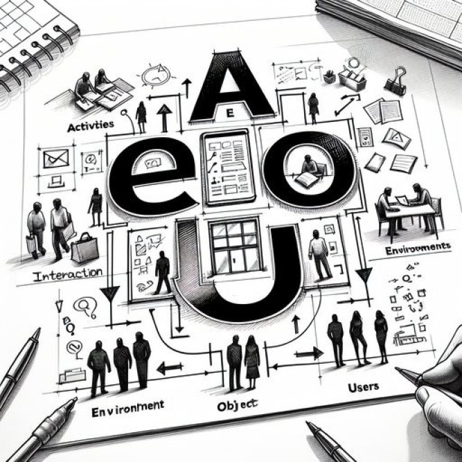 Conceptual sketch of the AEIOU design research framework showing key observational categories.