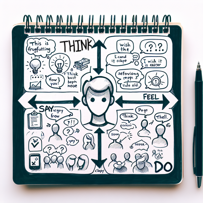 Hand-drawn empathy map sketch in a spiral notebook divided into four quadrants: Think, Feel, Say, and Do, centered around a user avatar.