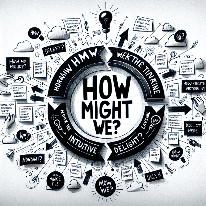 Conceptual illustration of the 'How Might We' (HMW) design thinking brainstorming framework.
