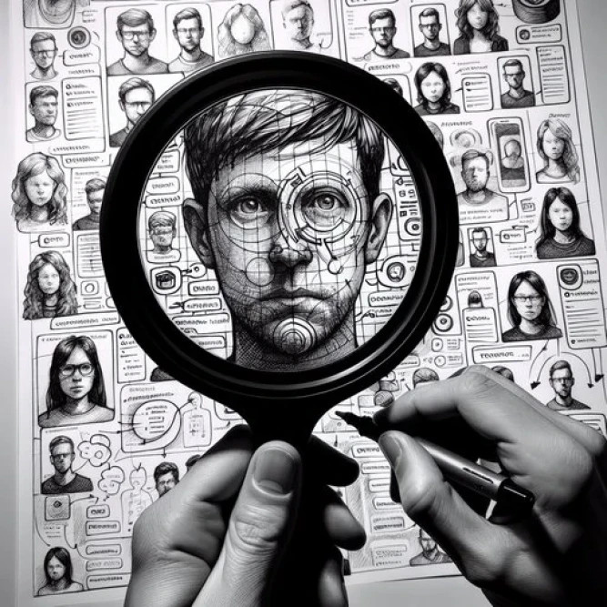 Conceptual illustration of user persona research and facial recognition analysis using a magnifying glass.