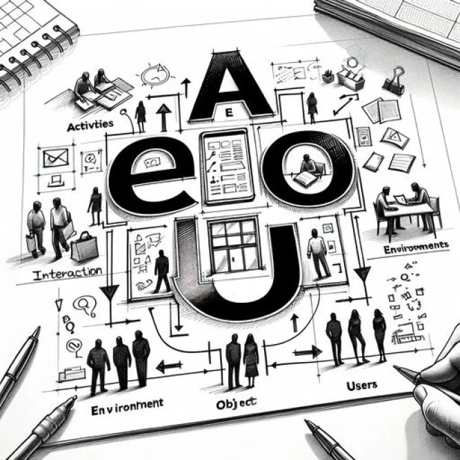 Conceptual sketch of the AEIOU design research framework showing key observational categories.