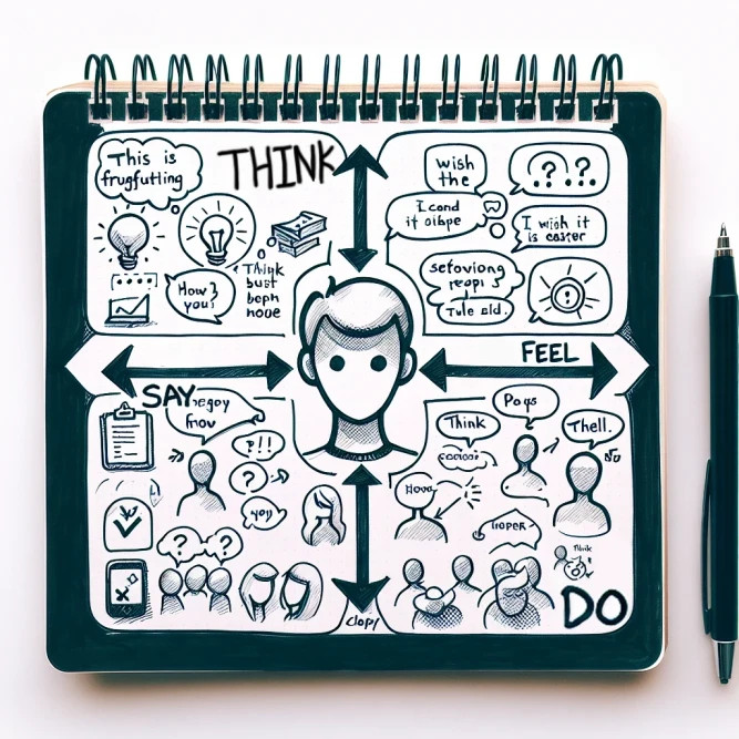 Hand-drawn empathy map sketch in a spiral notebook divided into four quadrants: Think, Feel, Say, and Do, centered around a user avatar.
