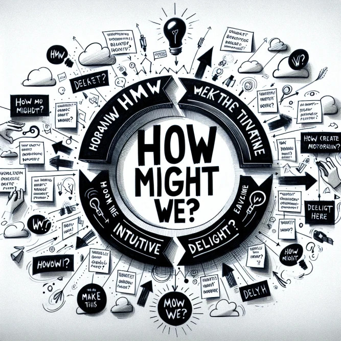 Conceptual illustration of the 'How Might We' (HMW) design thinking brainstorming framework.