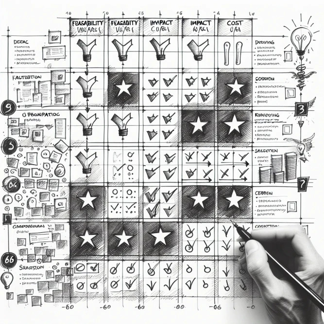 Black and white sketch of a project prioritization matrix and decision-making grid.