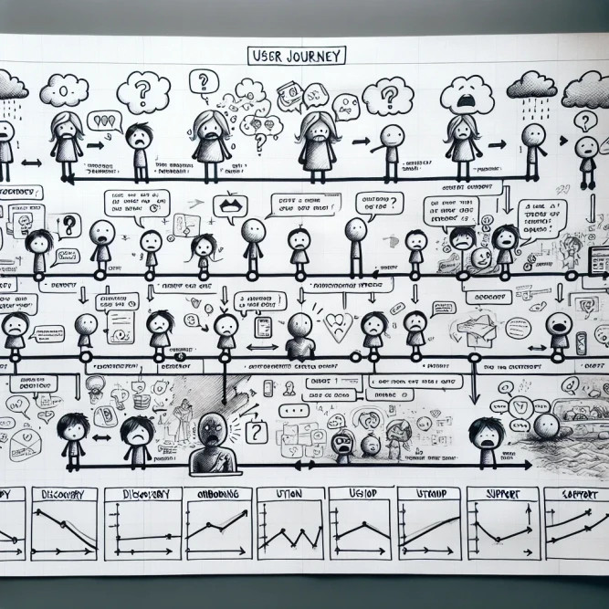 Illustrated user journey map showing customer experience stages and emotion tracking over time.